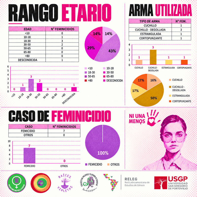 Infografía de feminicidios en Manabí, año 2019: edades de las víctimas, tipo de caso y otros datos del año.