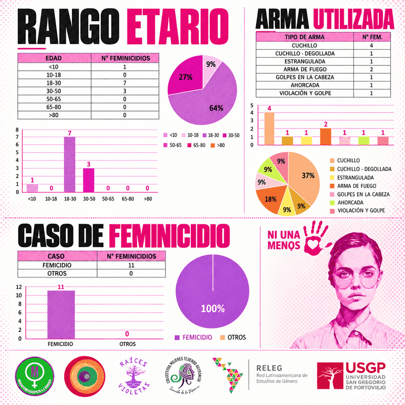 Infografía de feminicidios en Manabí, año 2020: edades de las víctimas, tipo de caso y otros datos del año.