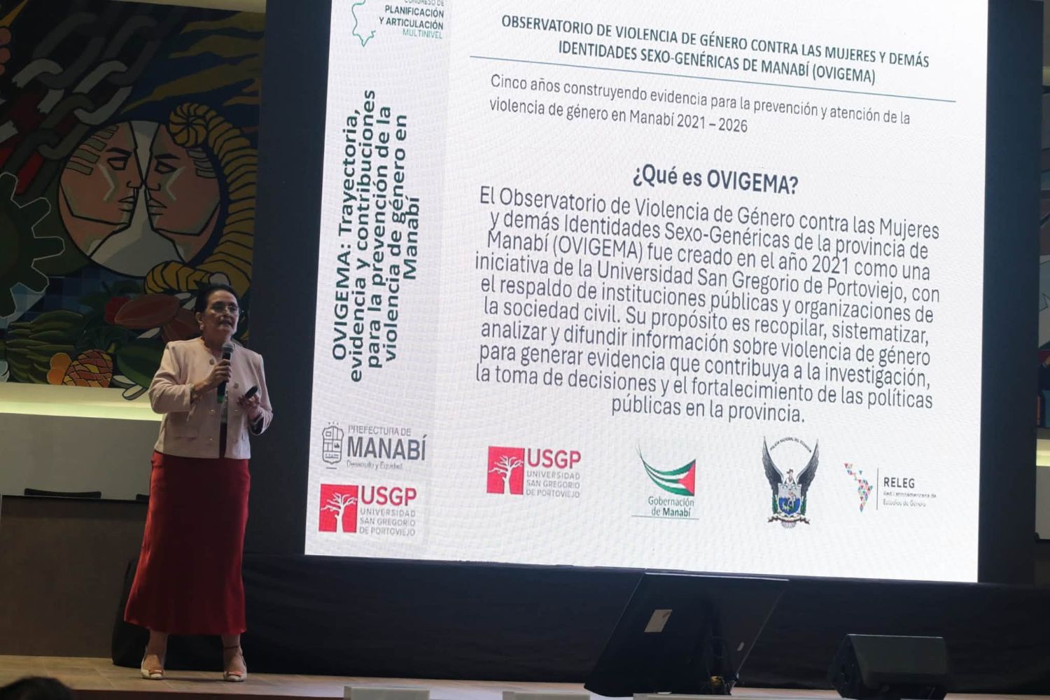 Presentación «OVIGEMA: trayectoria, evidencia y contribuciones para la prevención de la violencia de género en Manabí», con la diapositiva «¿Qué es OVIGEMA?».