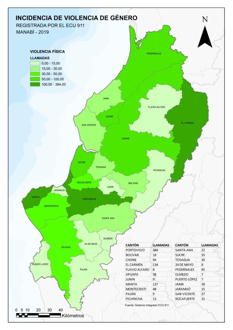Mapa de Manabí por cantón: llamadas al ECU 911 por violencia física, 2019.