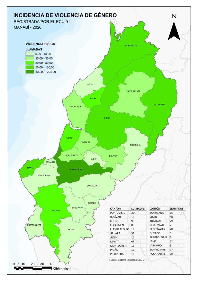 Mapa de Manabí por cantón: llamadas al ECU 911 por violencia física, 2020.