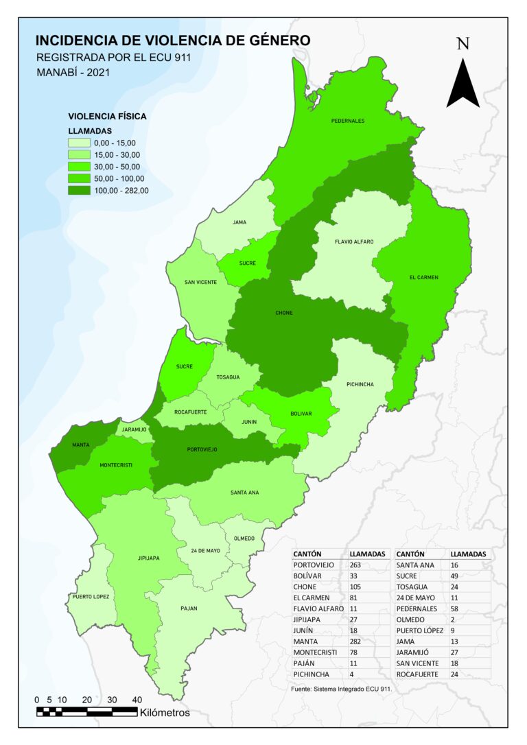 Mapa de Manabí por cantón: llamadas al ECU 911 por violencia física, 2021.
