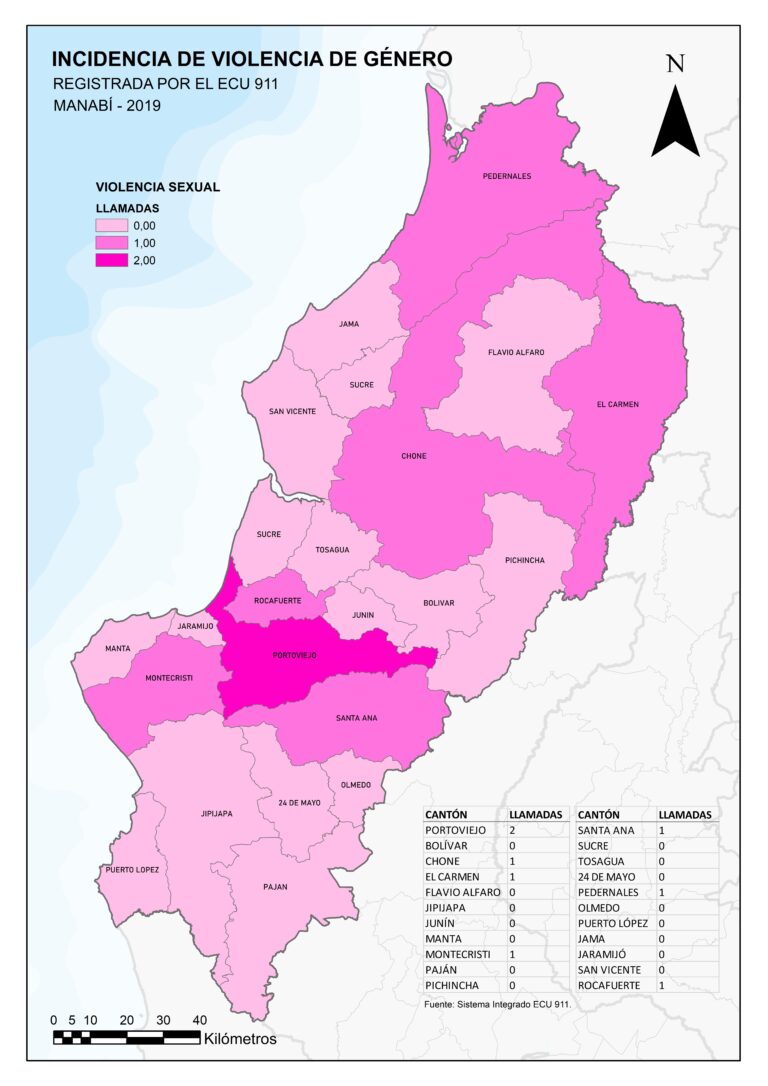 Mapa de Manabí por cantón: llamadas al ECU 911 por violencia sexual, 2019.