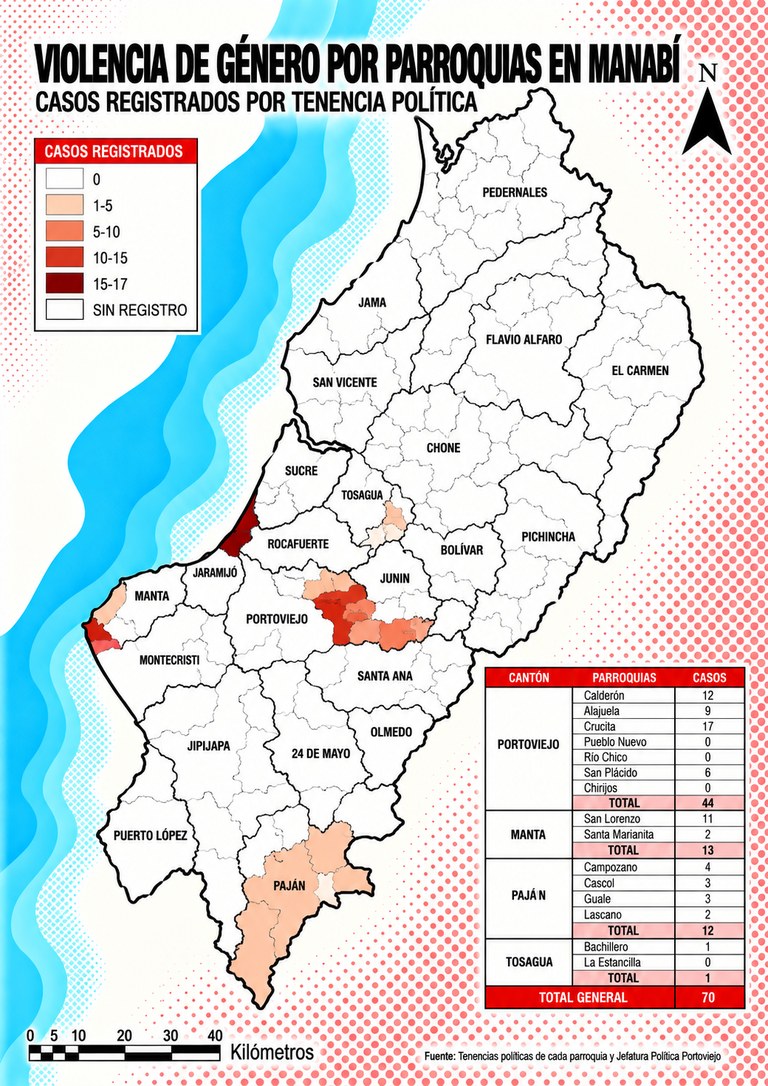 Mapa de Manabí por parroquia: casos de violencia de género registrados por las Tenencias Políticas, 2021.