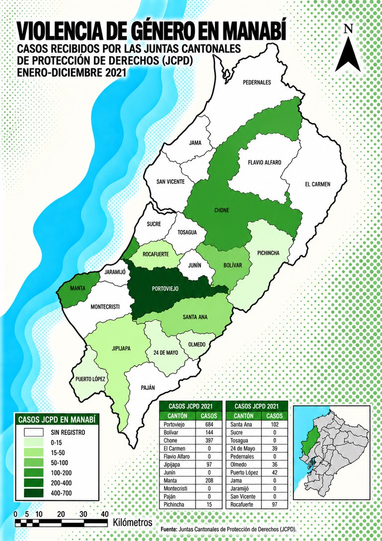Mapa de Manabí por cantón: casos de violencia de género recibidos por las Juntas Cantonales de Protección de Derechos, enero a diciembre de 2021.