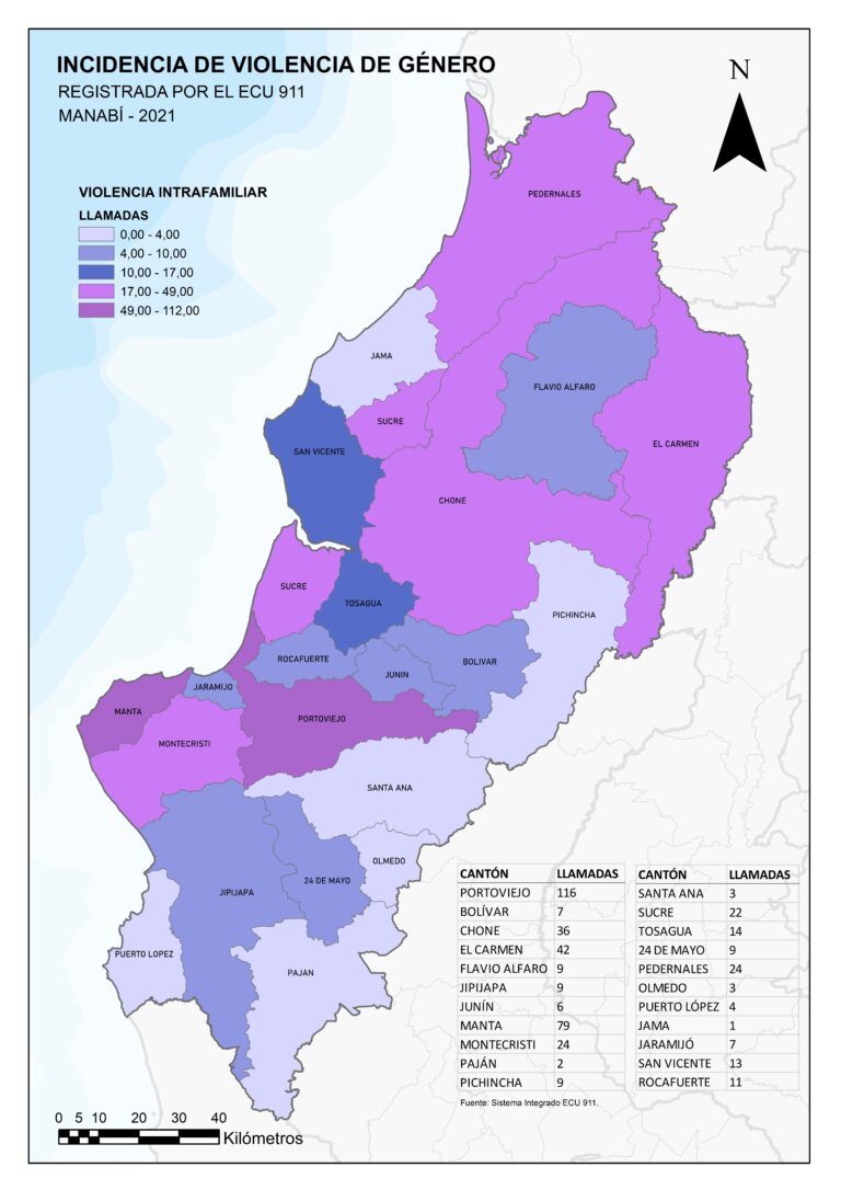 Mapa de Manabí por cantón: llamadas al ECU 911 por violencia intrafamiliar, 2021.