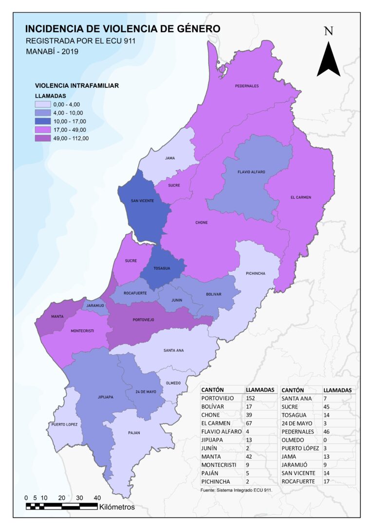 Mapa de Manabí por cantón: llamadas al ECU 911 por violencia intrafamiliar, 2019.