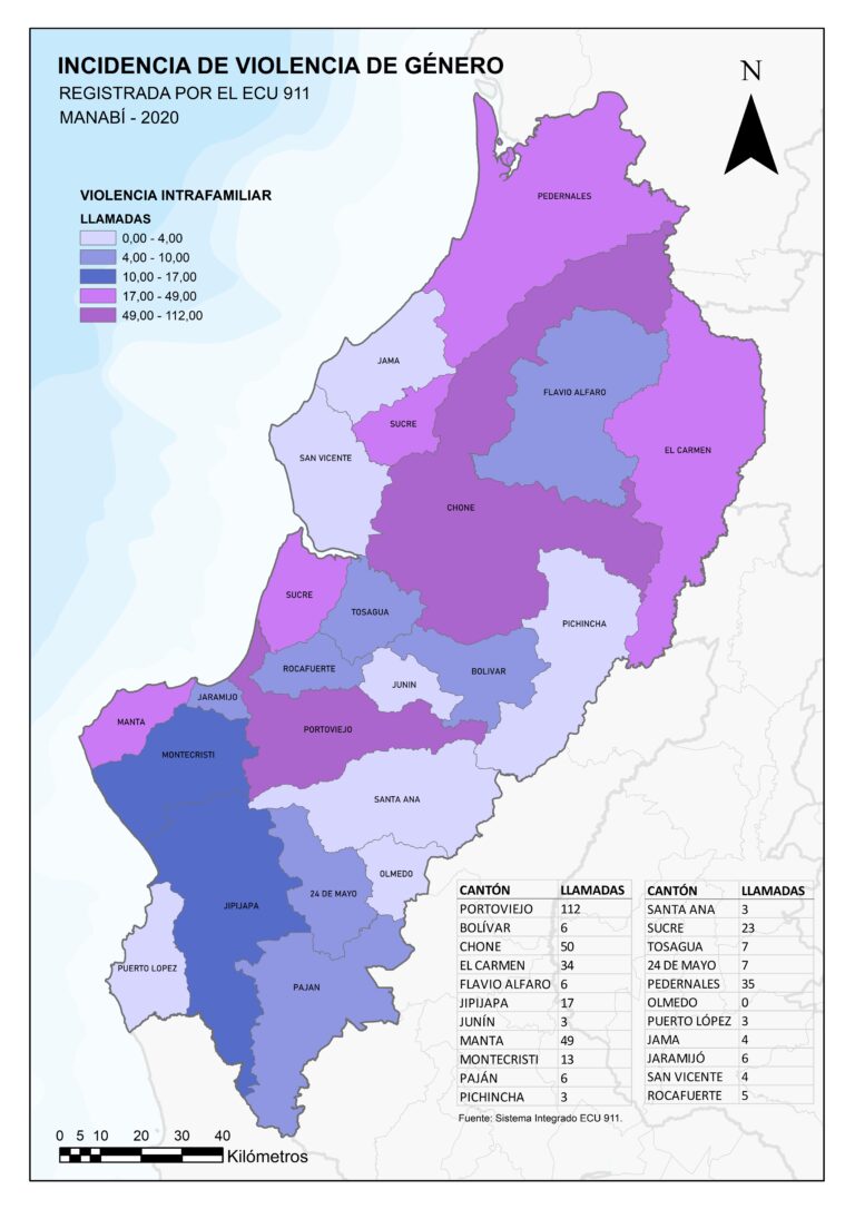 Mapa de Manabí por cantón: llamadas al ECU 911 por violencia intrafamiliar, 2020.