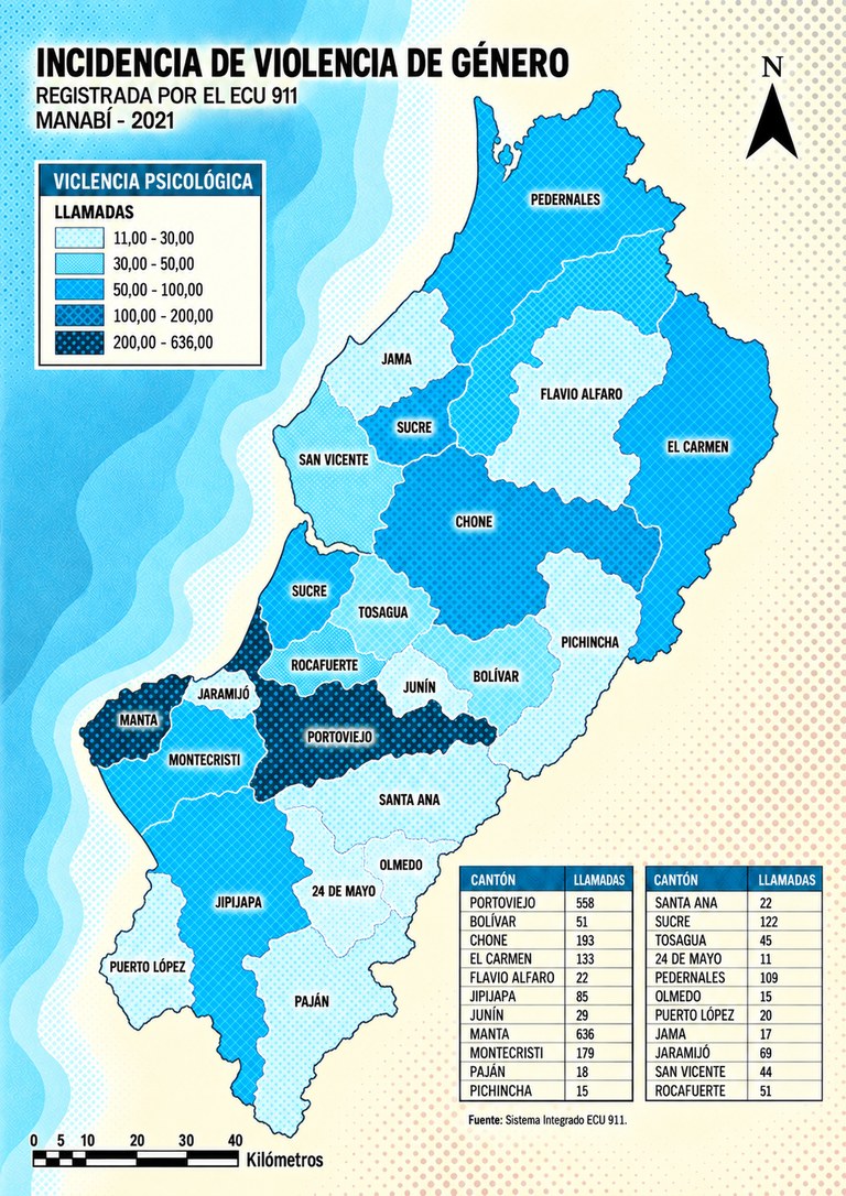 Mapa de Manabí por cantón: llamadas al ECU 911 por violencia psicológica, 2021.