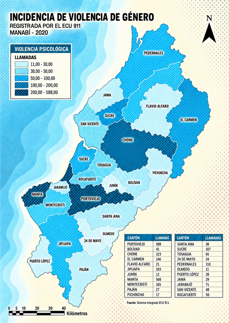 Mapa de Manabí por cantón: llamadas al ECU 911 por violencia psicológica, 2020.