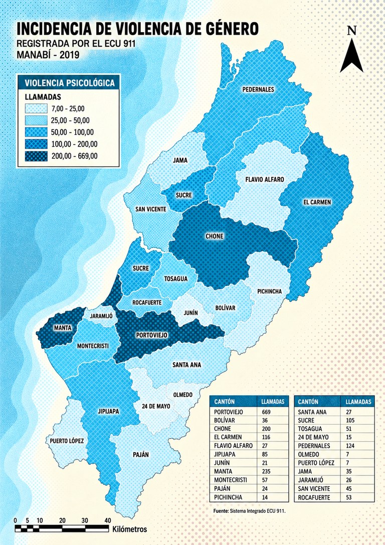 Mapa de Manabí por cantón: llamadas al ECU 911 por violencia psicológica, 2019.