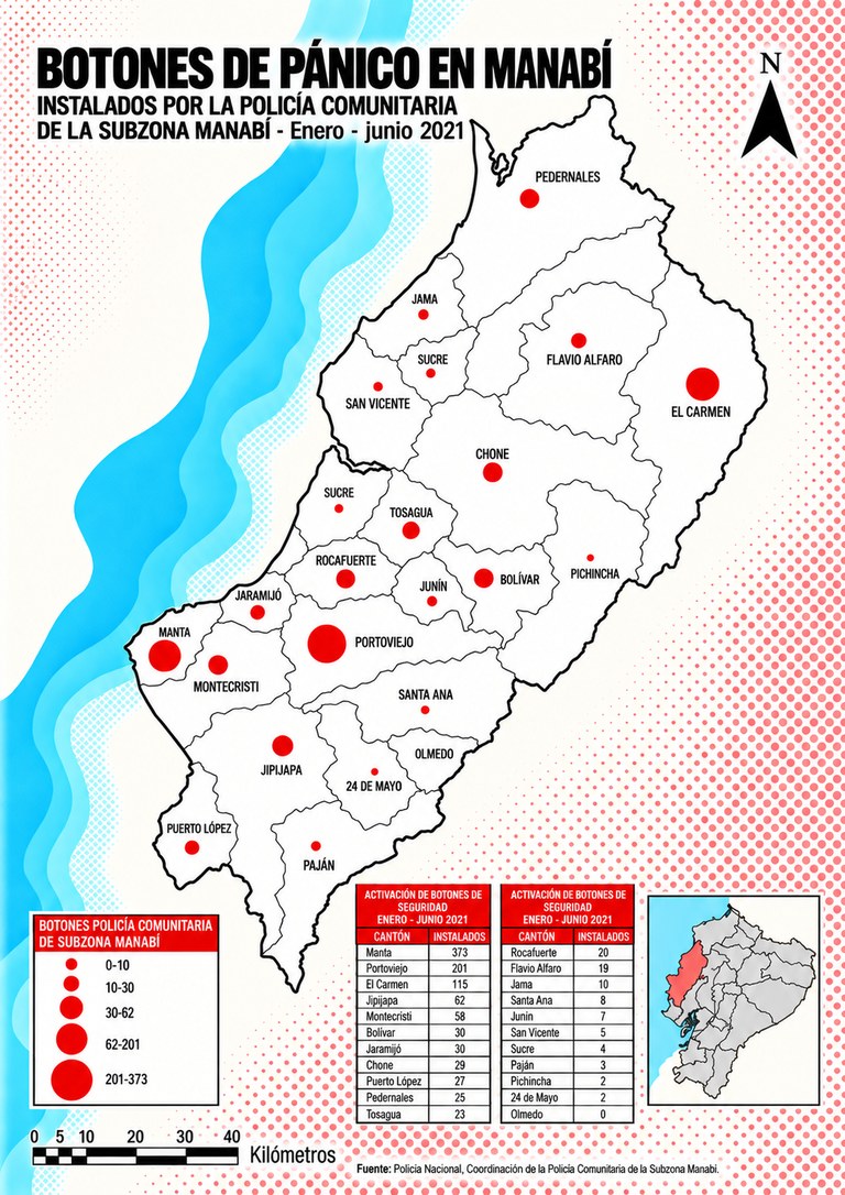 Mapa de Manabí: botones de pánico instalados por la Policía Comunitaria de la Subzona Manabí, enero a junio de 2021.
