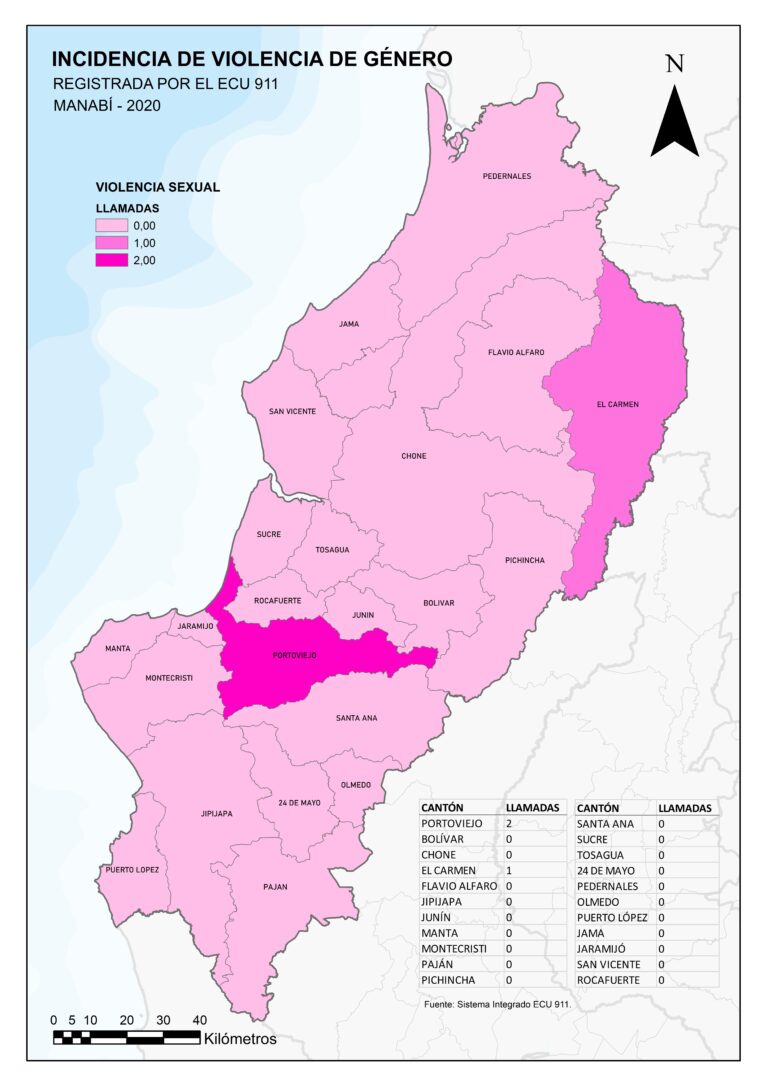 Mapa de Manabí por cantón: llamadas al ECU 911 por violencia sexual, 2020.