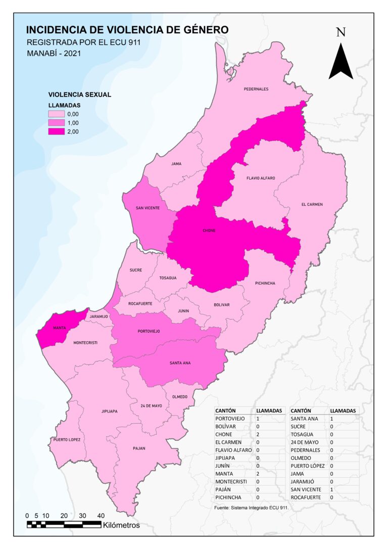 Mapa de Manabí por cantón: llamadas al ECU 911 por violencia sexual, 2021.