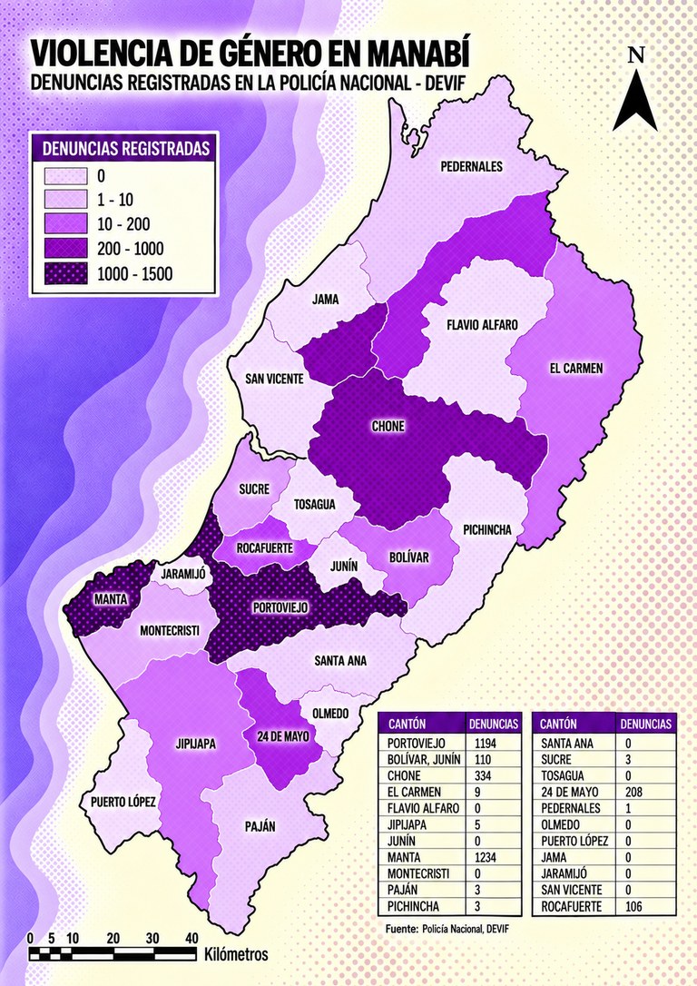 Mapa de Manabí por cantón: denuncias de violencia de género registradas en la Policía Nacional (DEVIF), 2021.
