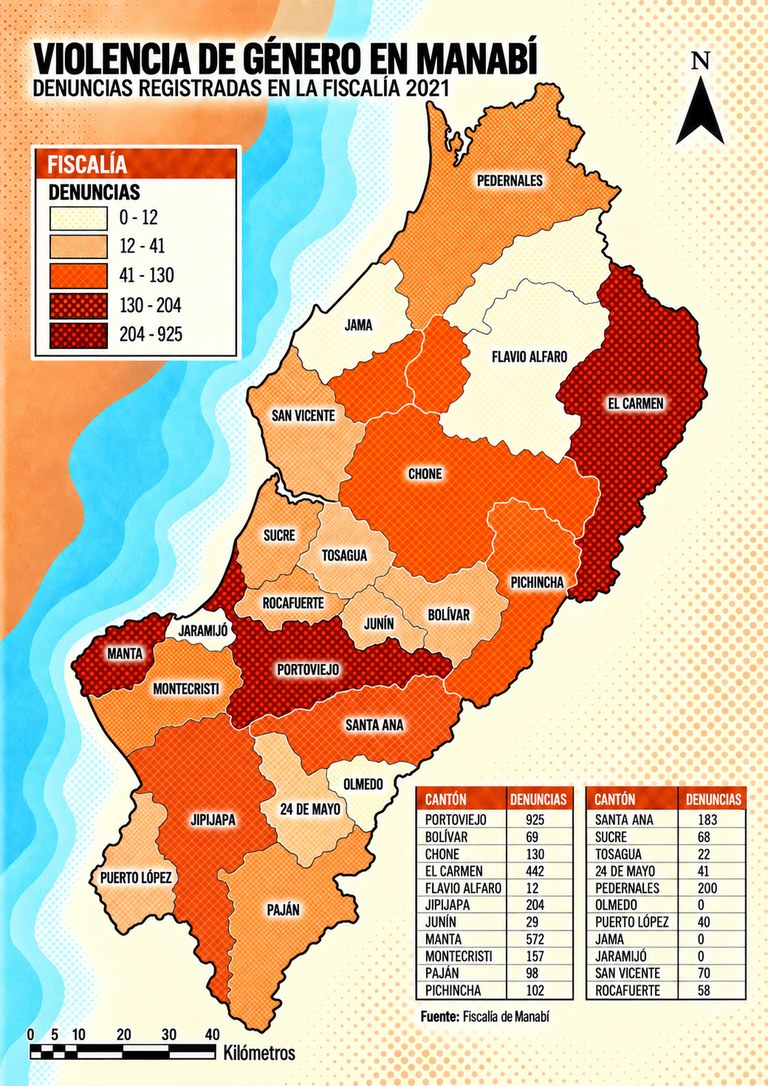 Mapa de Manabí por cantón: denuncias de violencia de género registradas en la Fiscalía, 2021.