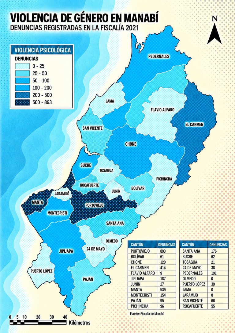 Mapa de Manabí por cantón: denuncias por violencia psicológica en la Fiscalía, 2021.