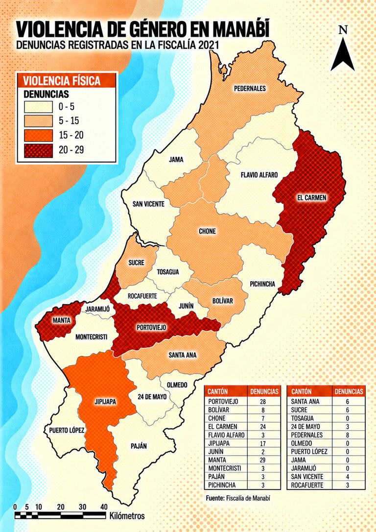 Mapa de Manabí por cantón: denuncias por violencia física en la Fiscalía, 2021.