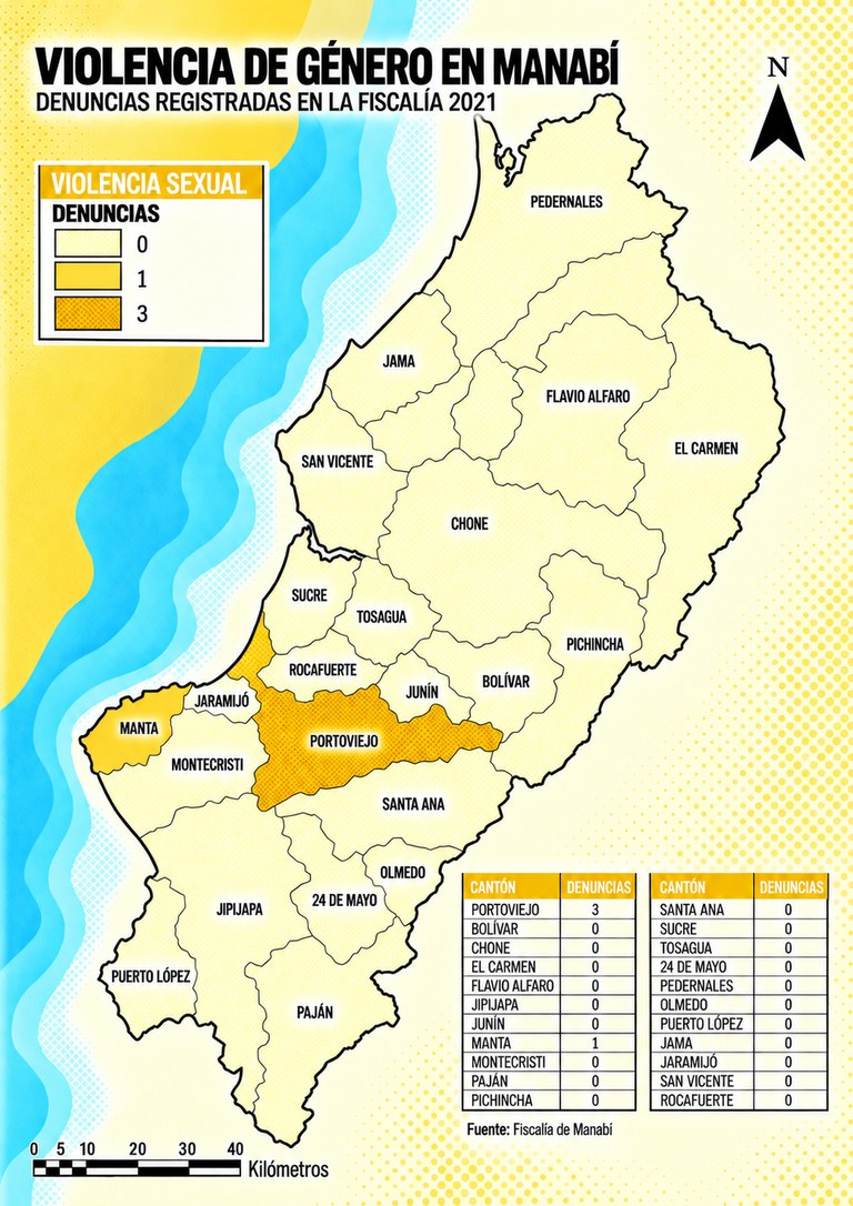 Mapa de Manabí por cantón: denuncias por violencia sexual en la Fiscalía, 2021.